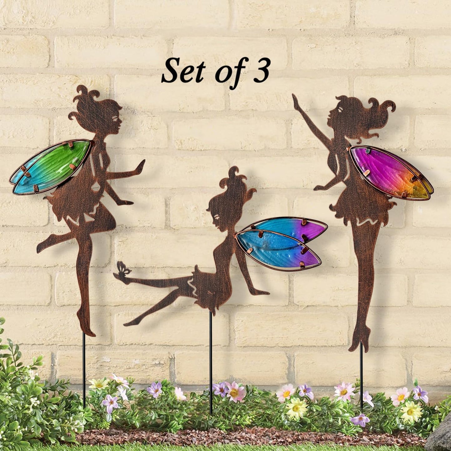 Metal Fairy Garden Stakes Decor,Charming Fairy with Colorful Wing Metal Stakes,Yard Art,Garden Outdoor Lawn Pathway Patio Ornaments,Outdoor Decor,Garden Decor