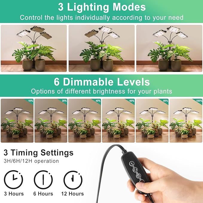 LBW Plant Grow Light, Full Spectrum Tri-Head Desk Plant Light for Indoor Plants, Growing Lamp with 3H/6H/12H Timer, 6-Level Brightness, 3 Lighting Modes, Height Adjustable, Ideal for Indoor Growth