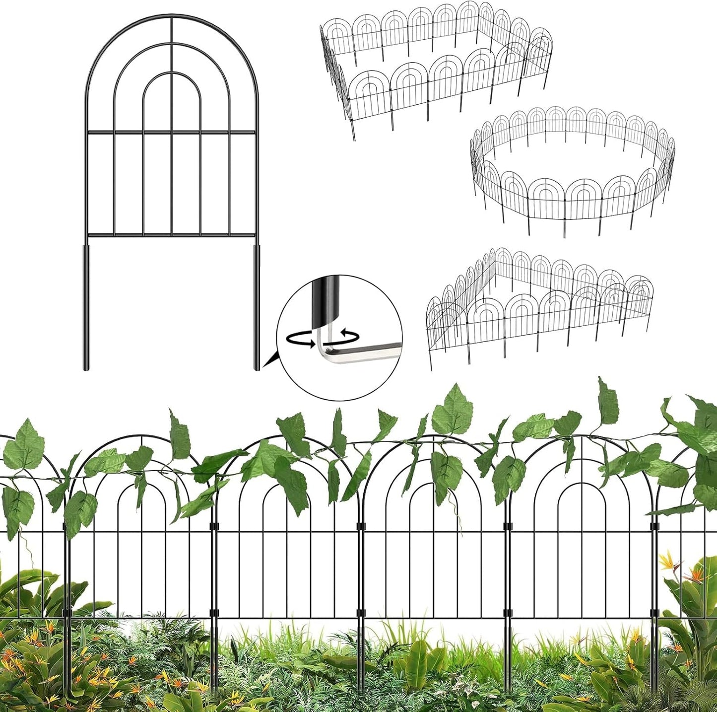 Decorative Garden Fence 20 Pack, Total 20ft(L) x 24in (H) No Dig Rustproof Metal Wire Fencing Border Animal Barrier, Flower Edging for Landscape Patio Yard Outdoor Decor, with 32ft Leaves