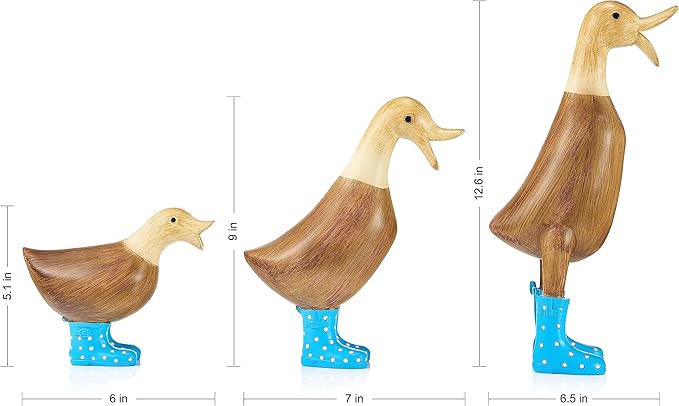 GUTE Duck Yard Decorations Yard Art Garden Puddle Ducks with Blue Spotted Wellies Boots, Set of 3 - Garden Decor Statues, Duck Figurine Statue - Waterproof Indoor & Outdoor Lawn Gnome Ornament