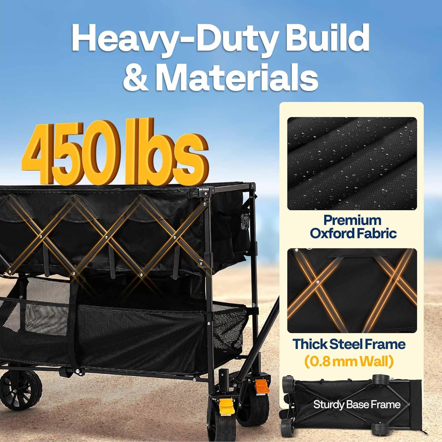 VIVOHOME 400L Large Capacity Double Decker Collapsible Wagon 500lbs Heavy Duty Utility Folding Cart with Big Wheels 53" Extended for Camping, Sports