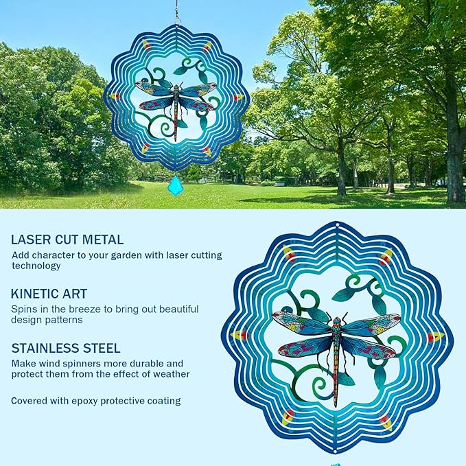 Dragonfly Metal Wind Spinners - 12 Inch Hanging Metal Wind Spinner for Outdoor & Indoor Decor, Dragonfly Kinetic Sculpture for Christmas Ornament Gifts, Yard Art and Garden Decorations