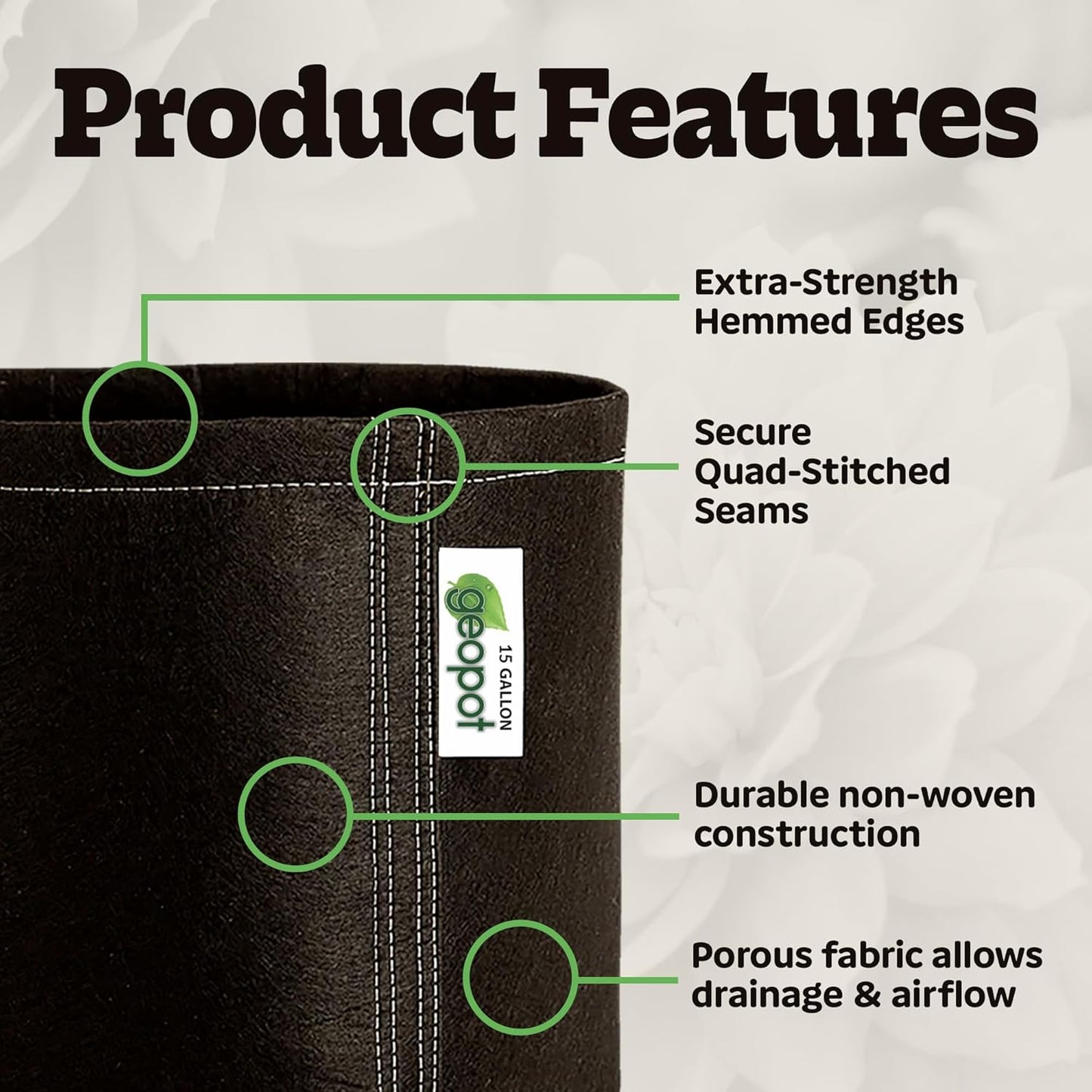 15 Gallon Fabric Grow Bags for Vegetables, Houseplants, Herbs & Flowers | 5-Pack | Aerated Fabric Pots for Outdoors and Indoors