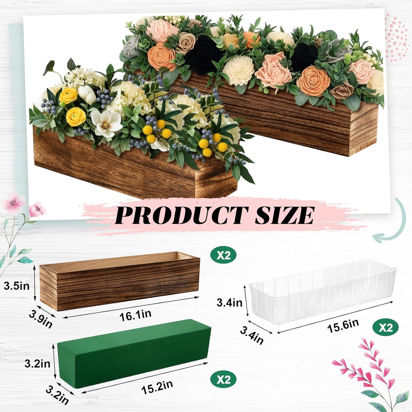 Dandat 2 Set Wood Boxes for Centerpieces 16x4 Inch Rectangle Wooden Planter Box Rustic Wood Planter with Removable Plastic Liner Floral Foam Blocks for Centerpieces Home Wedding Garden Decor