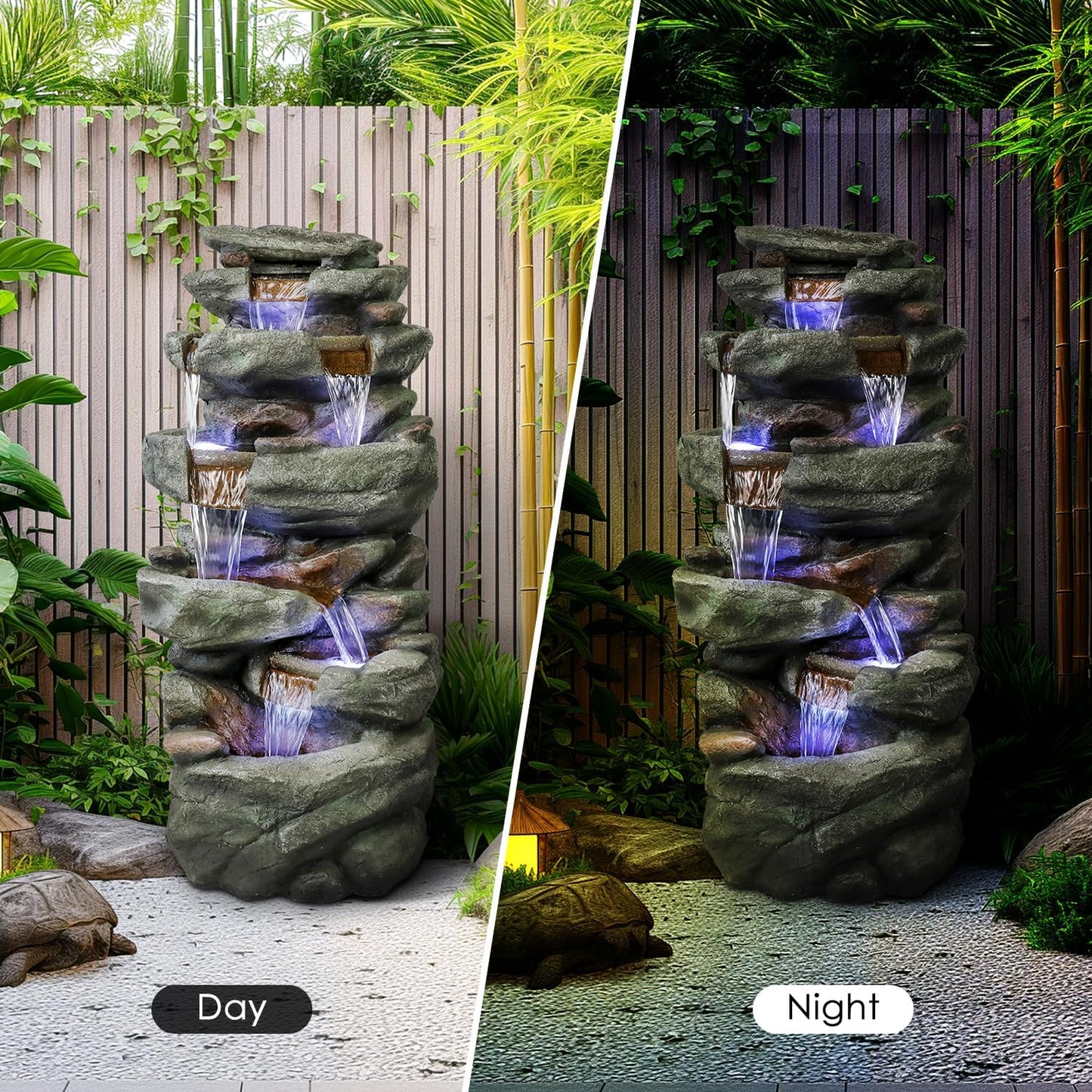 SunJet 40.5” High Rocks Outdoor Water Fountain - 6-Tiers Cascading Waterfall with LED Lights, Soothing Tranquility for Home Garden, Yard Decor