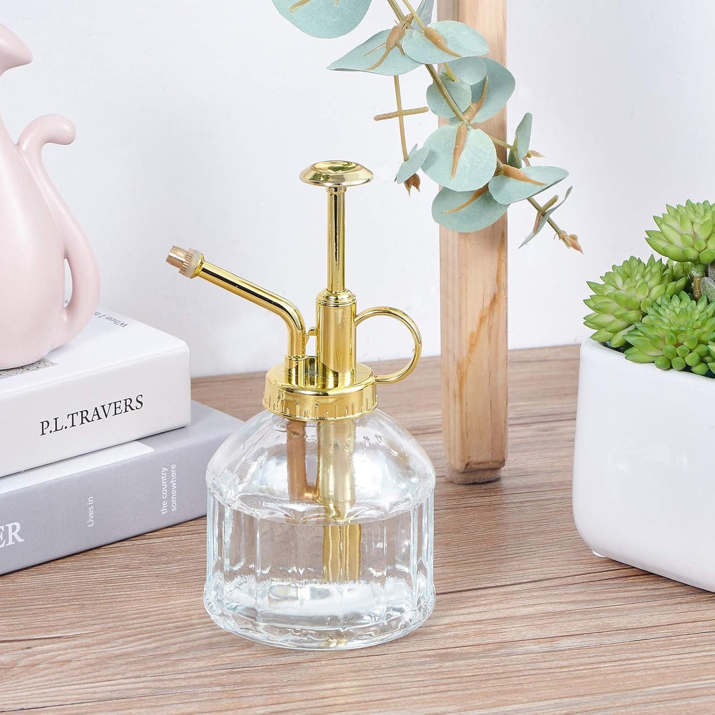 Glass Plant Mister Spray Bottle, Succulent Watering Bottle with Golden Top Pump, Vintage Plant Spritzer, Decorative Water Sprayer Small Watering Can for Indoor Outdoor Houseplant - Clear