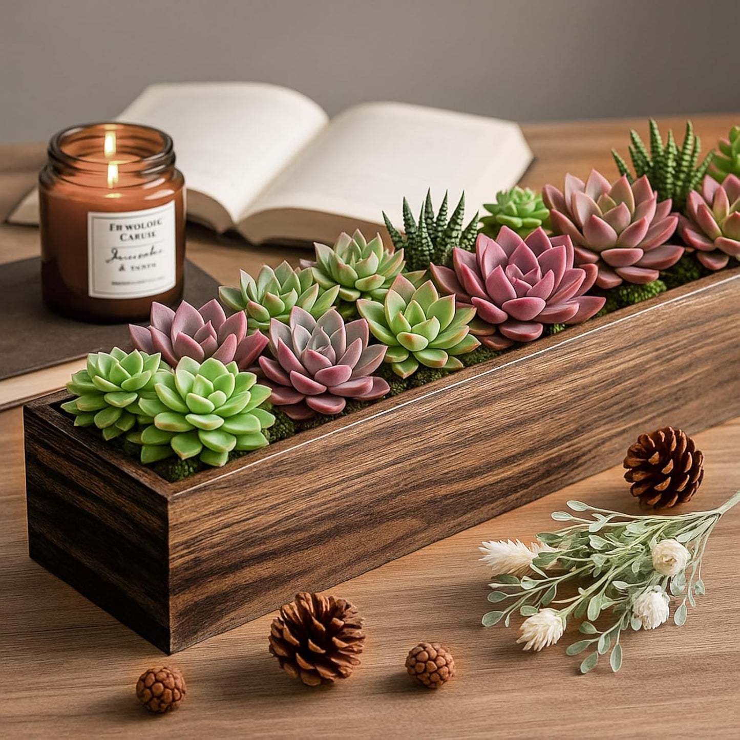 Dandat 2 Set Wood Boxes for Centerpieces 16x4 Inch Rectangle Wooden Planter Box Rustic Wood Planter with Removable Plastic Liner Floral Foam Blocks for Centerpieces Home Wedding Garden Decor