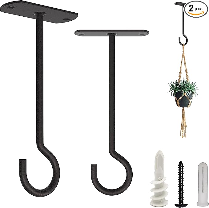 NACETURE Plant Ceiling Hooks Hanging Basket 2 Pack - Hanging Plant Hooks Indoor Wall Hanger for Decorative Home, Kitchen, Wreath Hangers for Fall Porch Decor (5" Black 2 Pack)