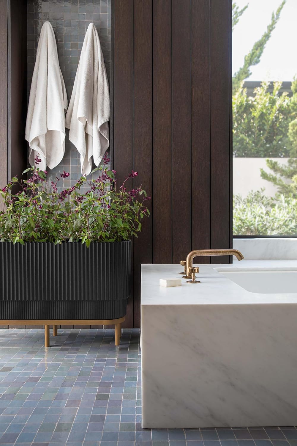 Veradek Demi Series Raised Long Planter for Indoor/Outdoor Use | Made from Plastic & Stone w/Wooden Stand | Modern Patio Décor for Flowers/Shrubs