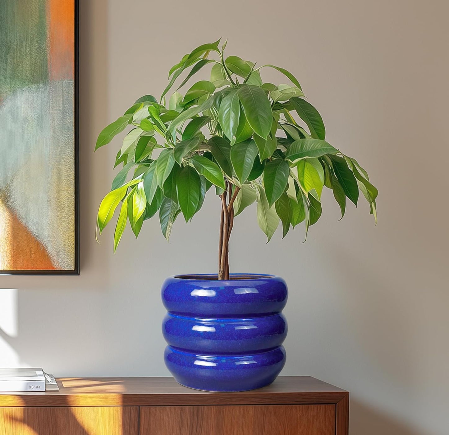 SQOWL 8 Inch Plant Pot - Ceramic Planter Indoor Plant Pot with Drainage Hole Outdoor Flower Pot Round Decorative Plant Pots for Kitchen Counter Desk Decor Blue