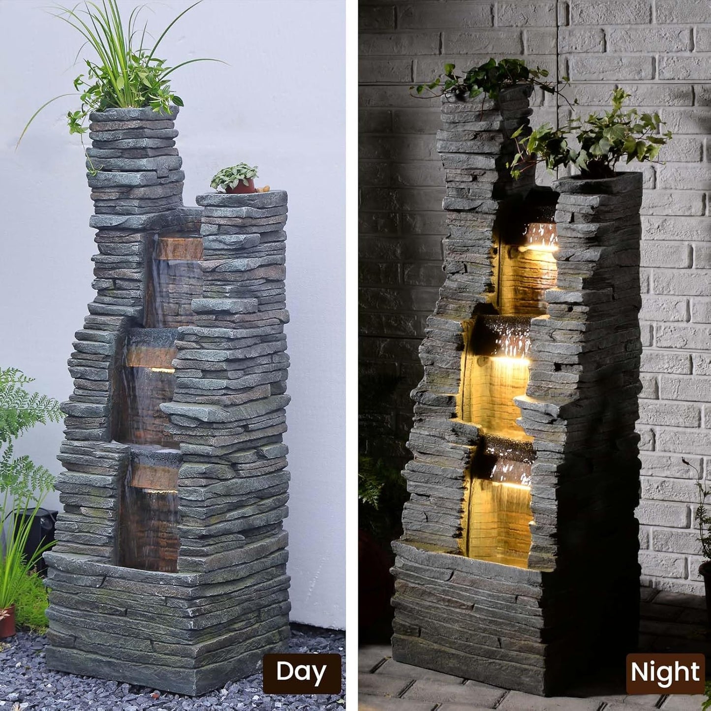 47" H Garden Water Fountain Outdoor with LED Lights & Pump, 3-Tier Cascading Outdoor Fountain for Garden,Patio,Porch,Backyard,Home Art Decor (Gray)