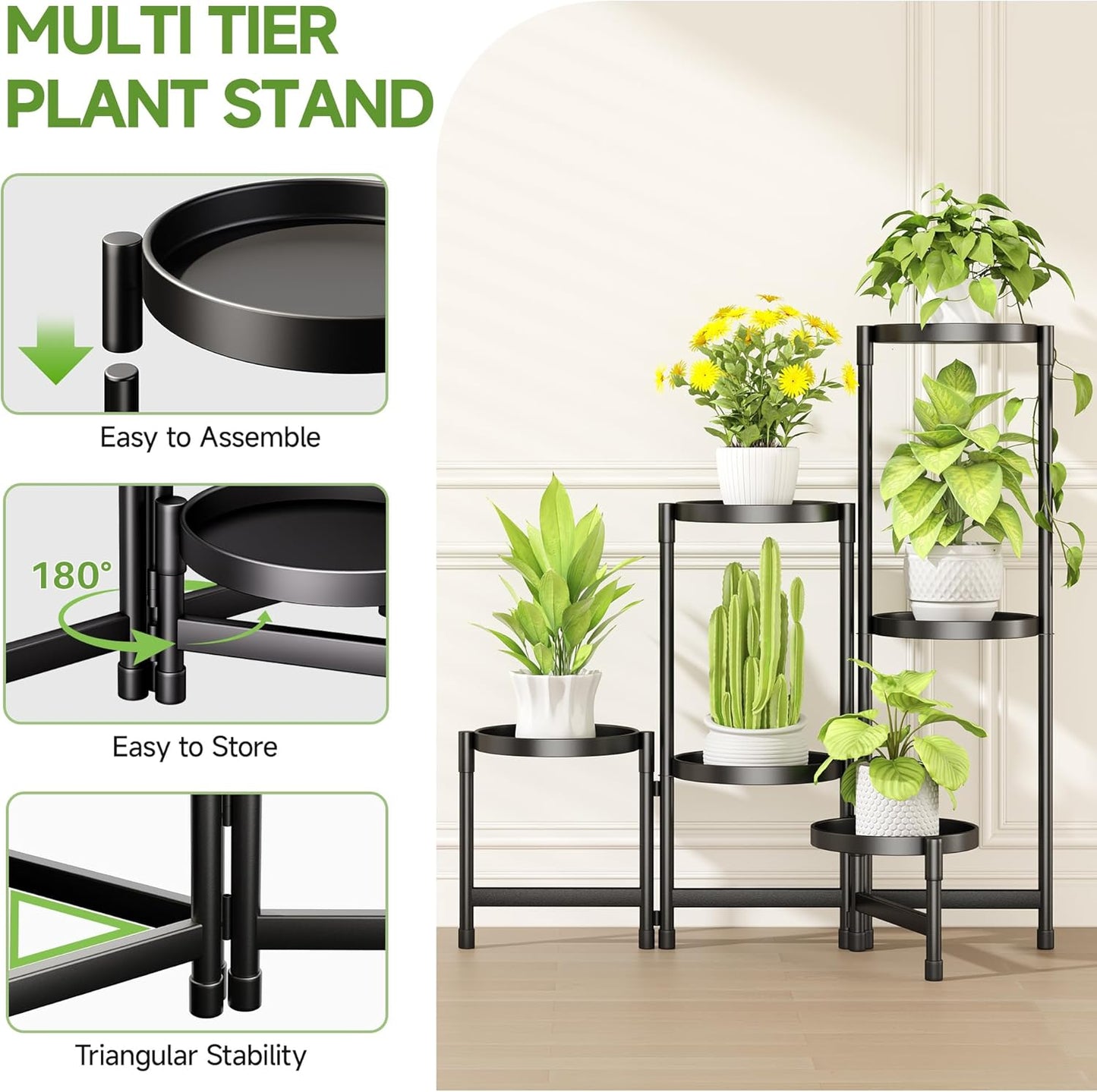 Plant Stand Indoor with Tray Metal 6 Tiered Corner Plant Holders for Multiple Plants Flower Pot Holder Display Stand for Living Room Balcony Garden Patio-Black