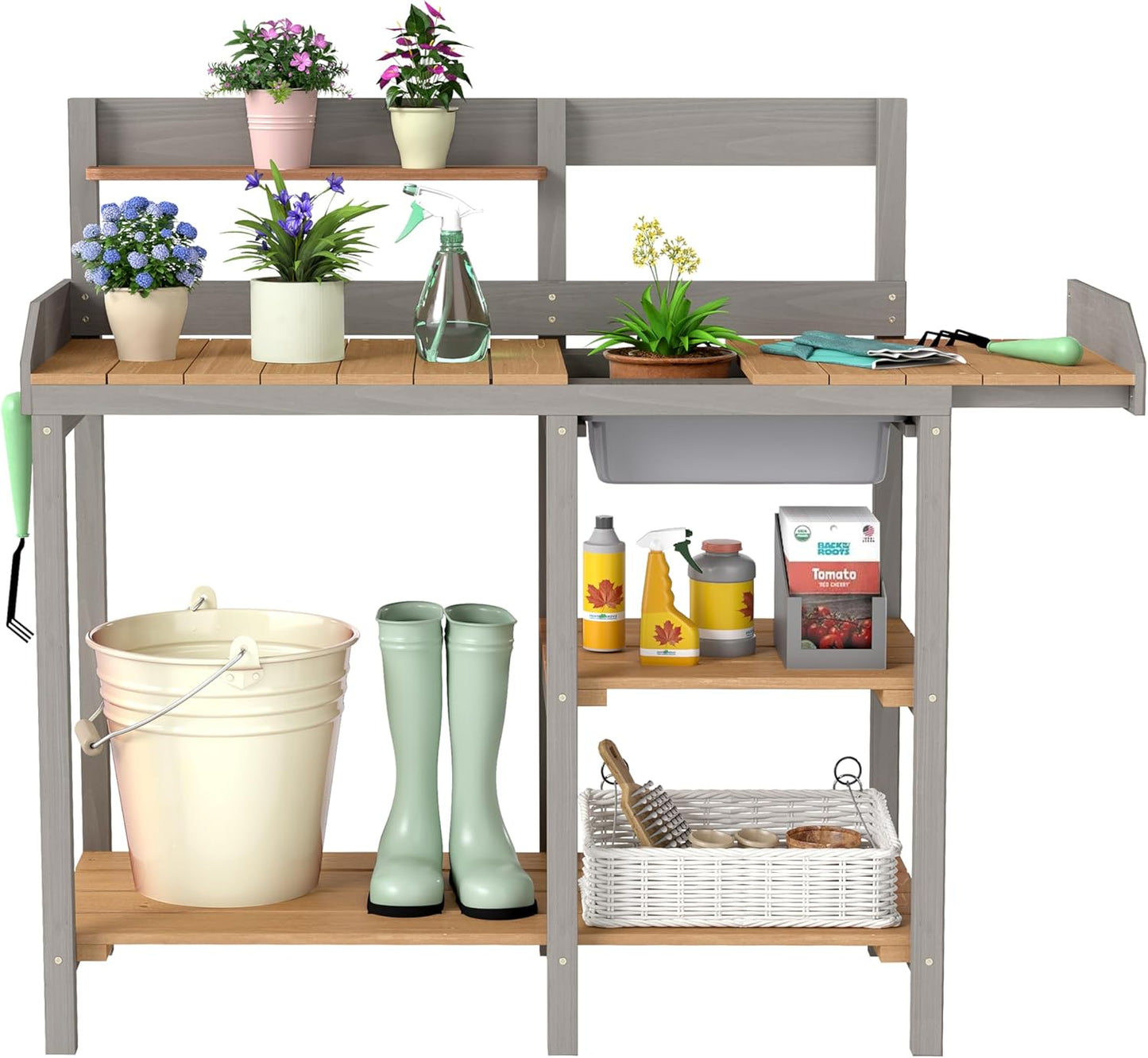 Wooden Potting Bench Table with Sink,Outdoor Garden Table Work Bench with Shelf, Workstation for Outside Lawn Patio