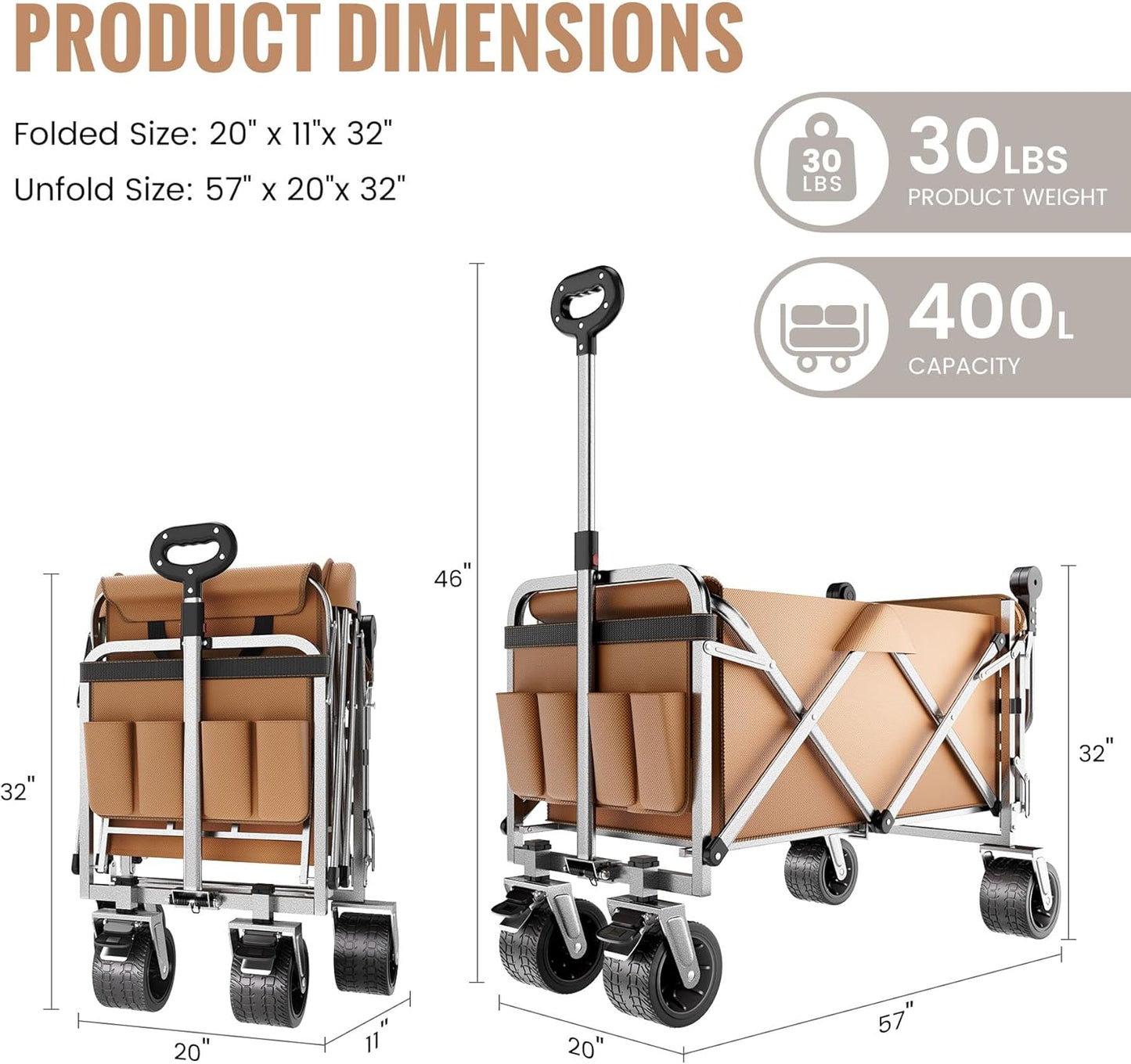 Upgraded 400L Large Capacity Folding Double Decker Wagon with Brakes（Black,54" Extra Long Extender Wagon Cart,660lbs Heavy Duty Collapsible Cart,All-Terrain Big Wheels for Camping,Shopping,Sport