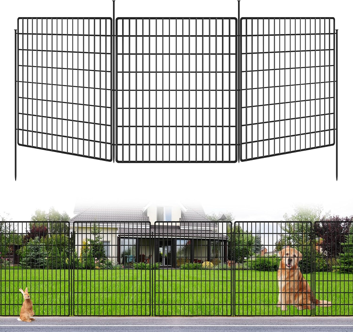 5 Panels Dog Fence Outdoor for Yard, 33 in(H) X 12 ft(L) Decorative Garden Fence Rustproof No Dig Animal Barrier Fencing Metal Wire Panel Border Patio Rabbits Ground Stakes Fencing