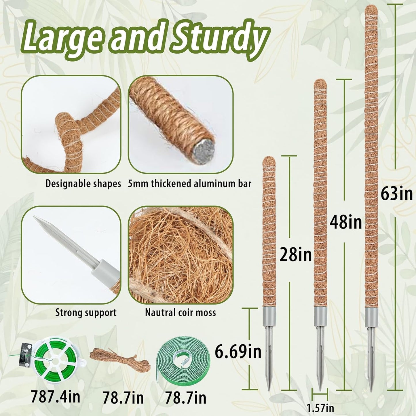 3 Pack Moss Pole, 28" 48" 63" Monstera Plant Support for Climbing Indoor Plants, Bendable Coco Coir Plant Support Stakes for Potted Plants, Pothos, Philodendron