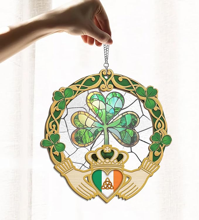 Irish Gifts, Shamrock Decorations - St Patricks Day Decor, Birthday, Christmas, Good Luck, Irish Gifts for Women Men, Claddagh, Celtic Home Decor - Window Suncatcher Hanging Decorations 12 in