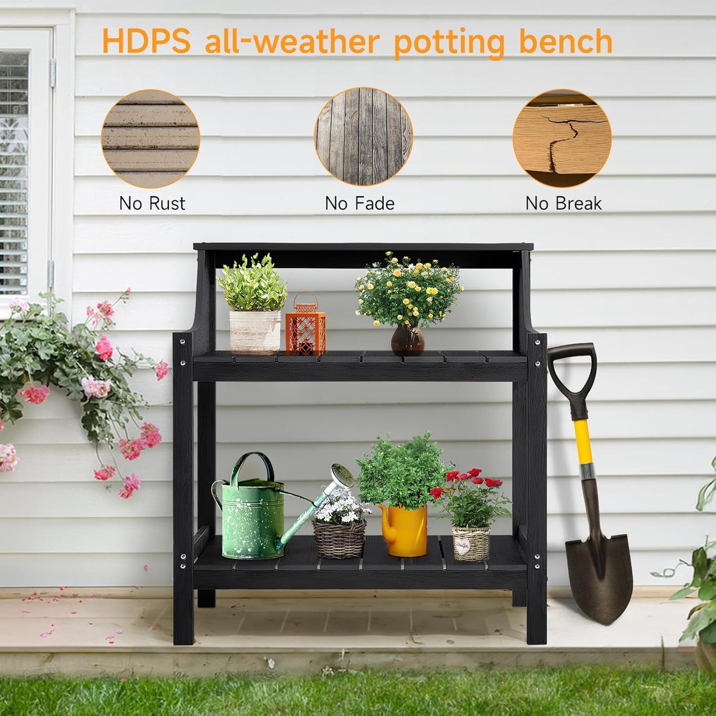 Potting Bench Table, HDPS Potting Bench with 4 Side Hooks, All-Weather Garden Table Work Station, Outdoor Potting Table for Porch, No Rust, No Fade, No Break, 360lbs Capacity (Black, Large)