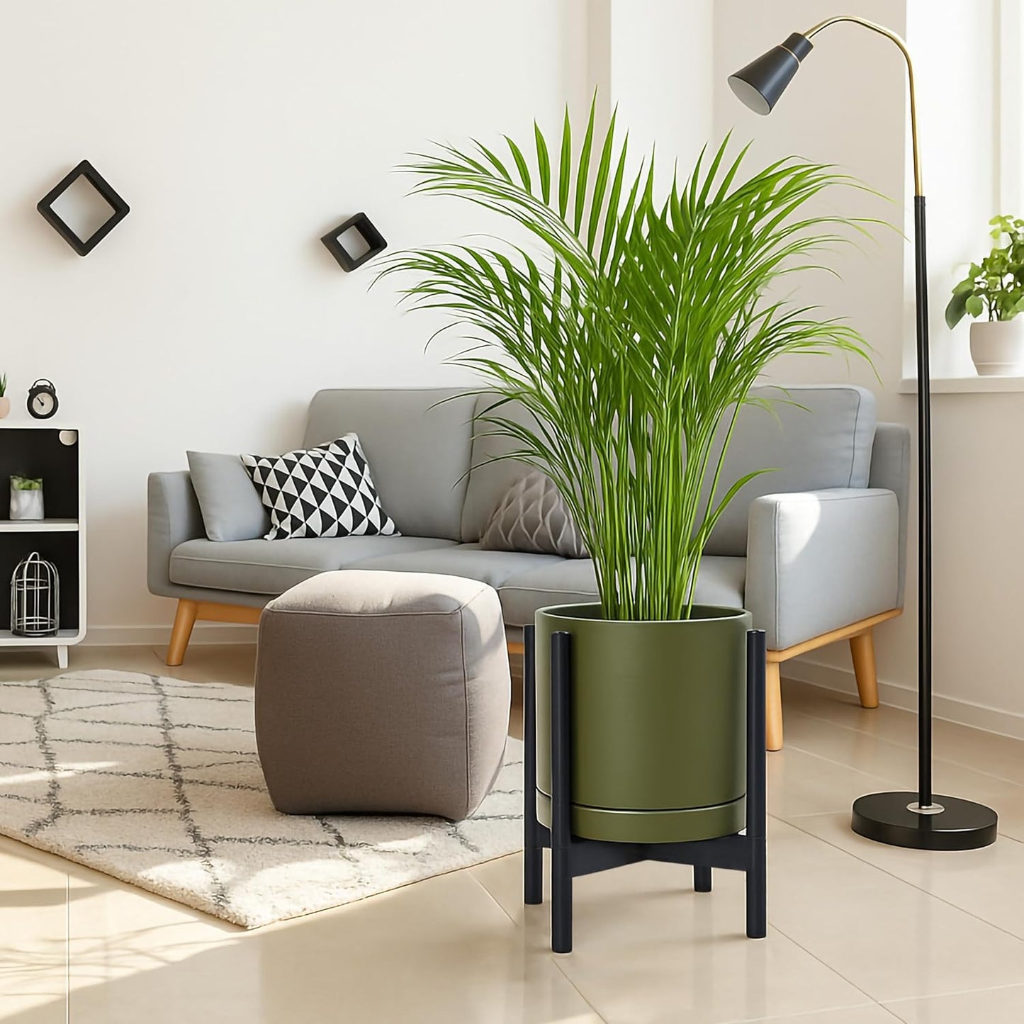 D'vine Dev Ceramic Planter with Ebony Stand - 12 Inch Modern Round Flower Pot with Wood Planter Holder, Olive, 55-B-H-J