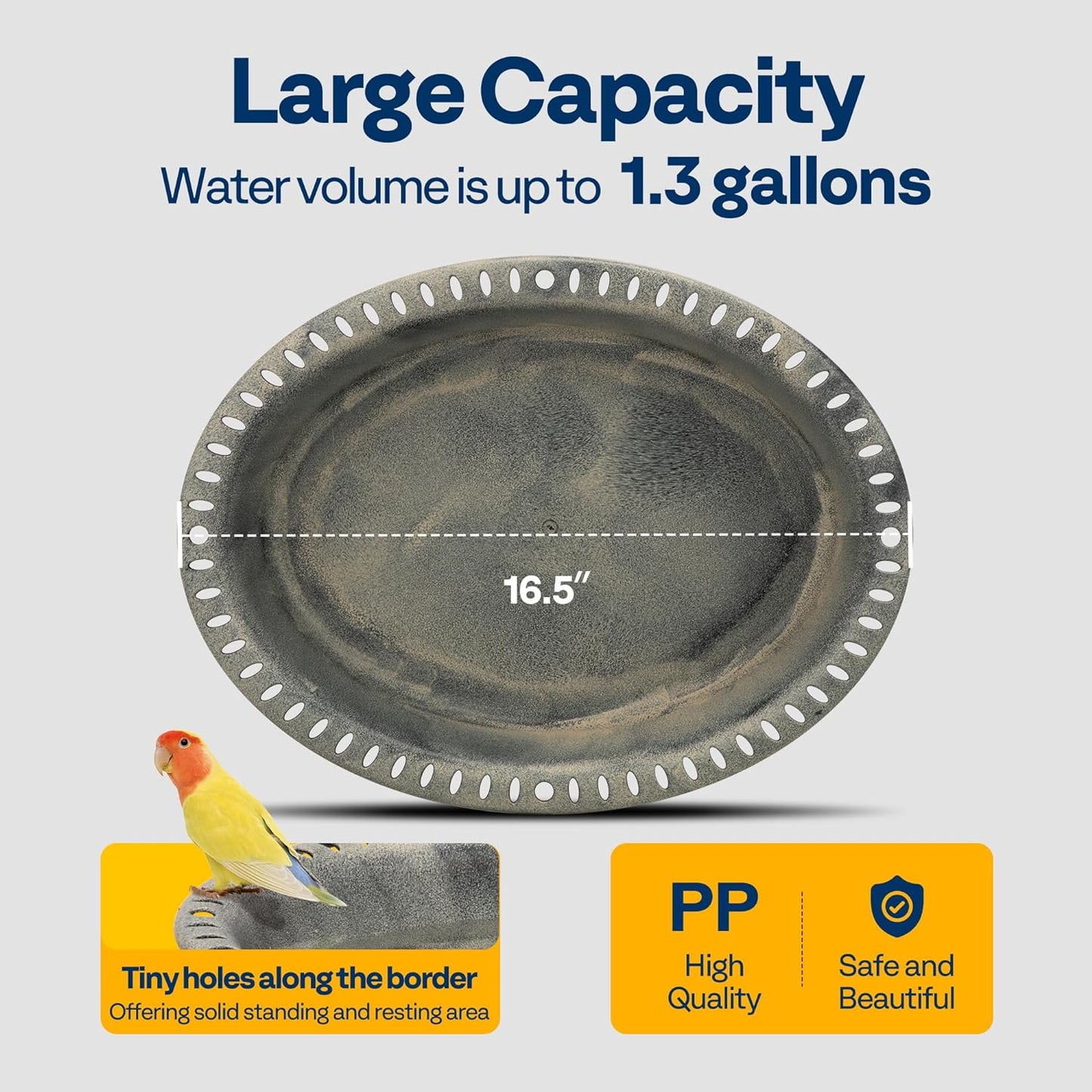 VIVOHOME Oval Polyresin Bird Bath Bowl with Metal Stake, 29 Inch Height Outdoor Freestanding Birdfeeder, Capacity 1.3 Gallons, 5-Pronged Base, Gray