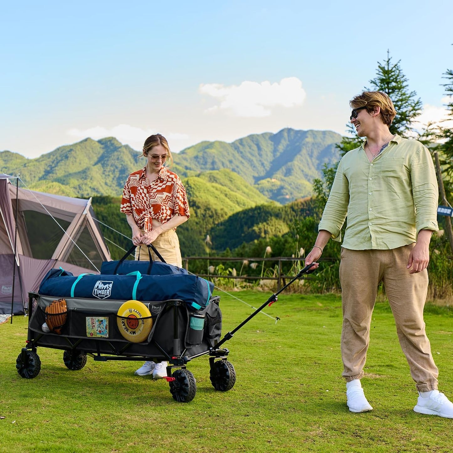 Timber Ridge 51.2" Extended Collapsible Wagon - Heavy-Duty Utility Cart with All-Terrain Wheels, Brakes & Cargo Net, 400L Capacity for Camping, Sports & Shopping, Grey
