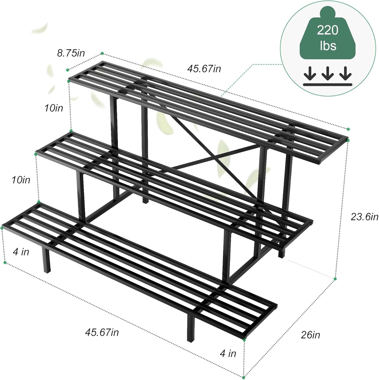 Zhongma 3 Tier Sturdy Metal Plant Stand, L45.67 x W26 x H23.6 inch, Heavy Duty Plant Holder for Home Indoor and Outdoor, 660 LBS Capacity & Heavy Duty Construction