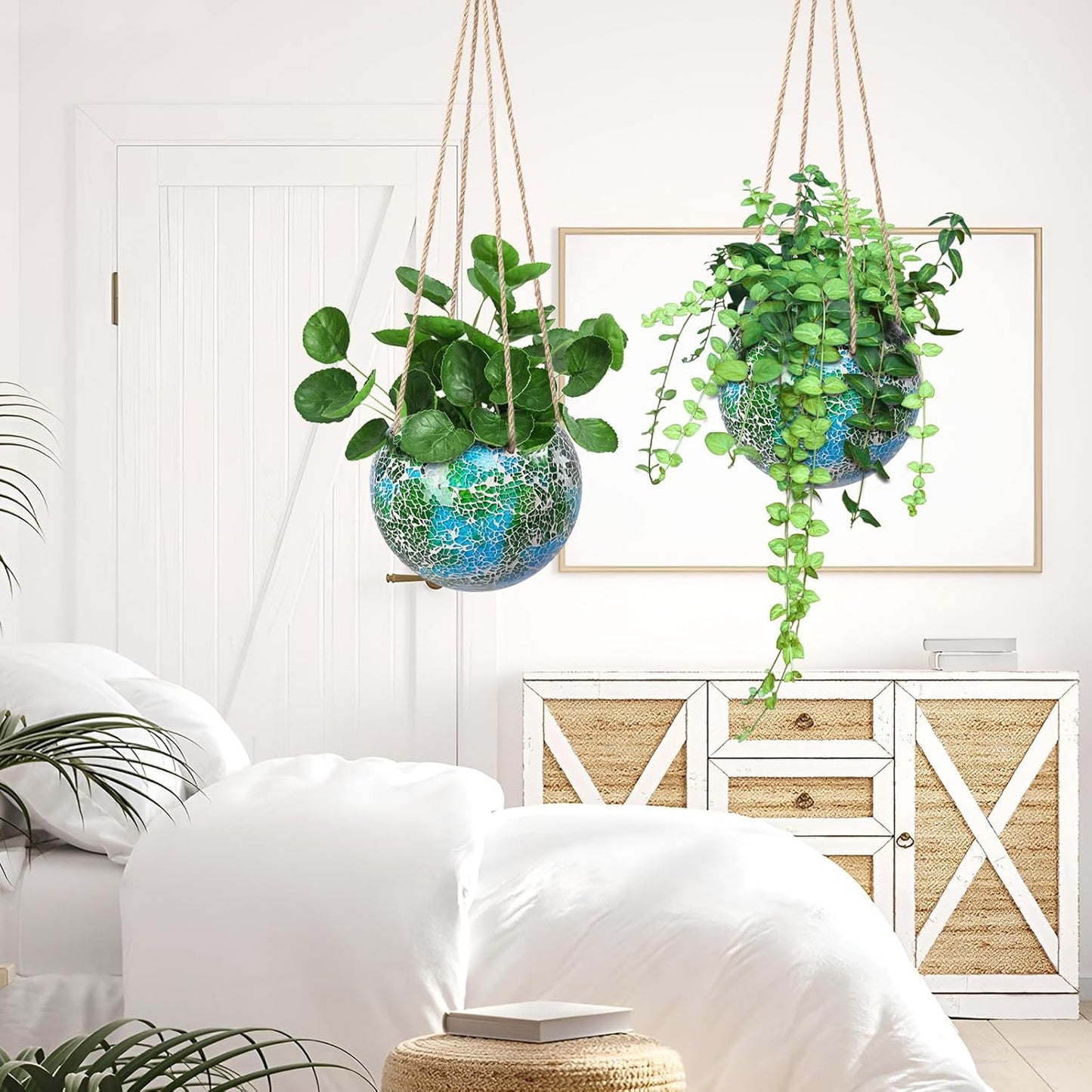 Hanging Planter Mosaic Garden Pot Small Flower Pot for Indoor Plant Disco Ball Hanging Planter with Drainage Green