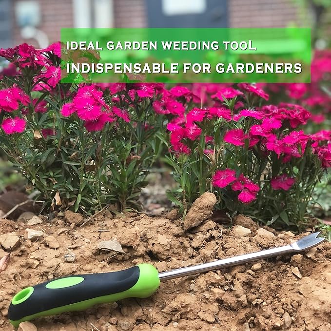 SHANFEEK Dandelion Puller with V-Shaped Shovel Gardening Hand Tools 13-Inch Weed Remover Tool for Garden Yard Weed Puller with Rubber Non-Slip Handle (Green)