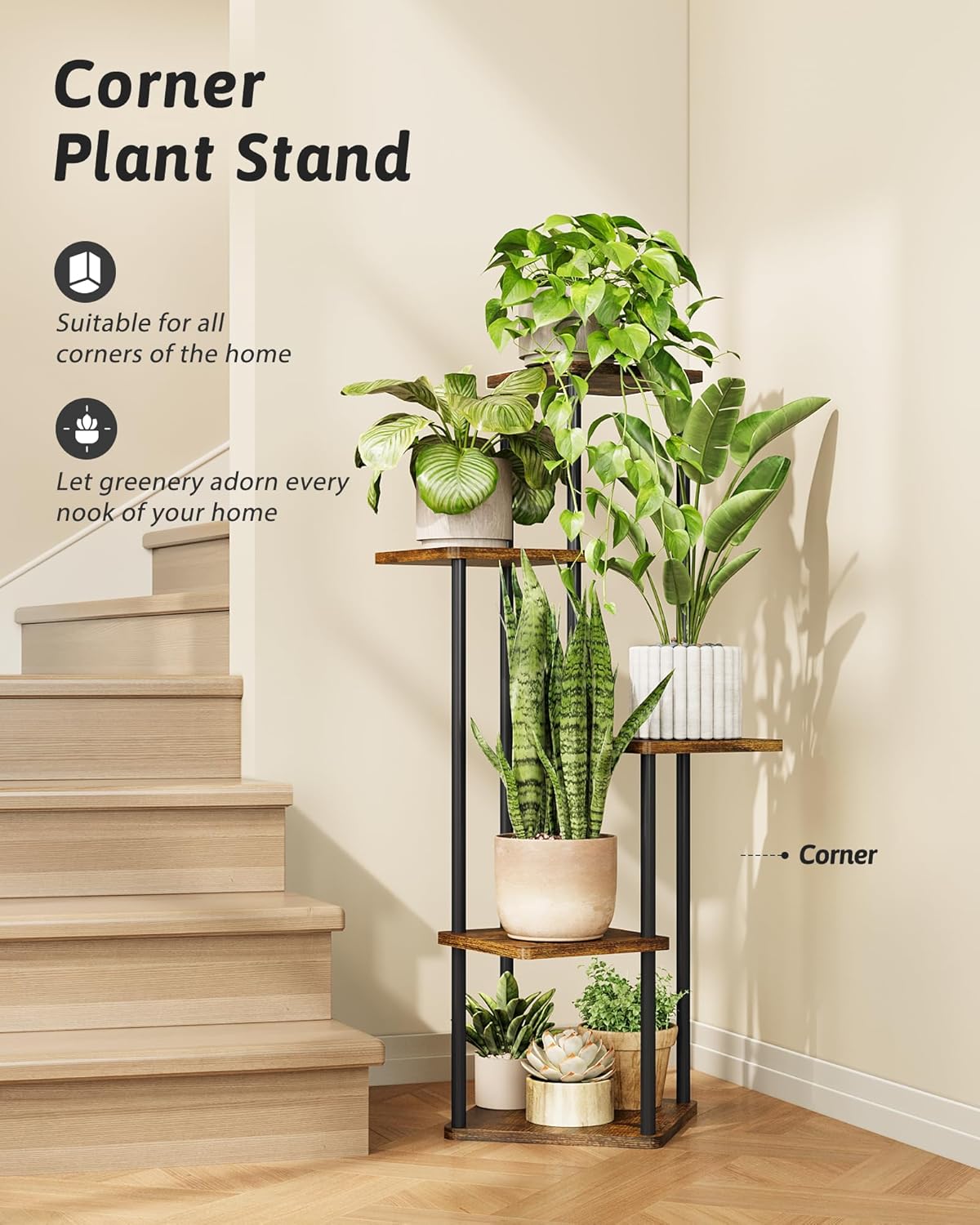 Tall Plant Stand Indoor 5 Tiered Plant Shelf for Multiple Plants Coner Shelf Stand Wood Plant Stand Metal Shelving for Living Room Bedroom Balcony Patio Brown Oak