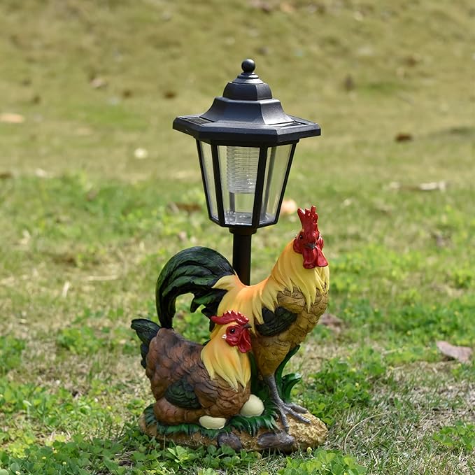 Solar Garden Outdoor Statues Rooster Hen Couple with Light, Outside-Outdoor Decorations Chicken Sculptures for Patio Yard Lawn Walkway Ornaments Clearance Gifts for Mom Grandma Birthday