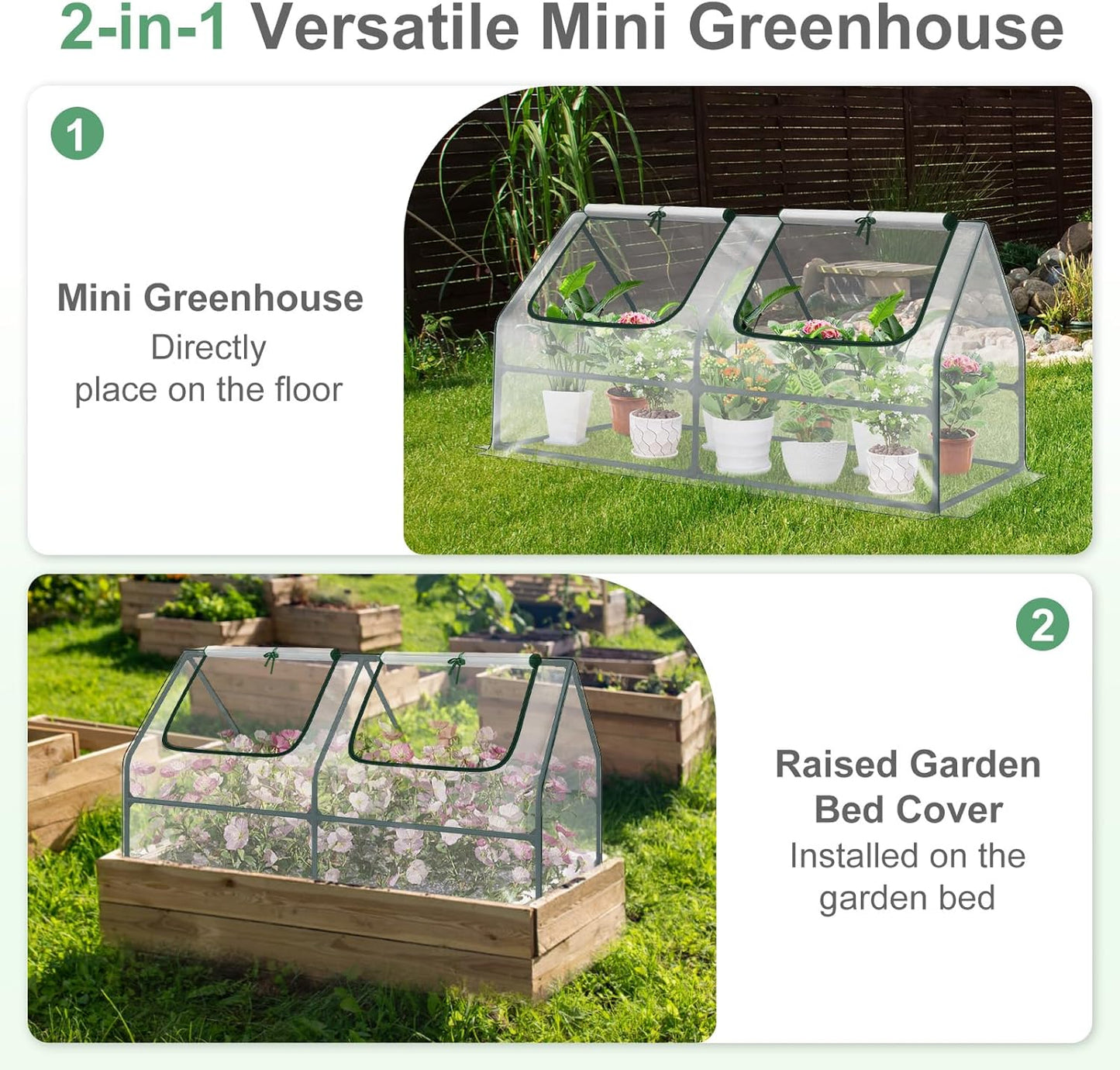 Aoodor 6 x 3 x 3 ft Mini Greenhouse with 2 Zipper Doors, Water-Resistant, UV-Protected for Flowers, Vegetables, and Herbs, Transparent