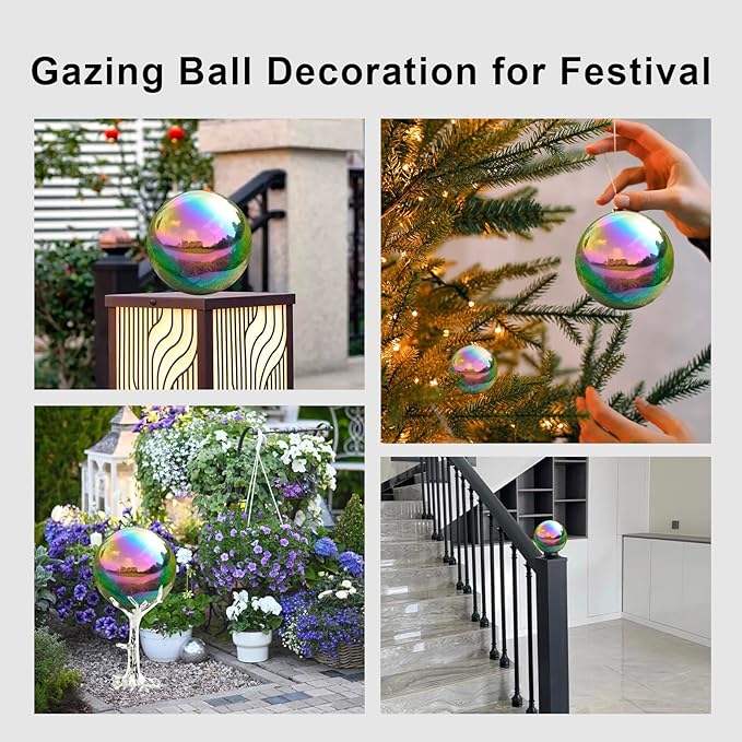 Nerien Gazing Ball, 3.9" Stainless Steel Garden Mirror Globe, Polished Ornament Sphere, Hollow Floating Reflective Hemisphere, Home Outdoor Pond Housewarming Swimming Pool Decoration, Rainbow, 2pcs