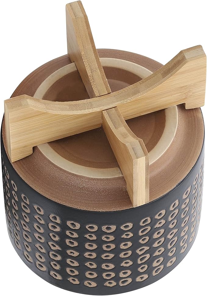 Sagebook Home 9.25" H 8" Diameter Natural Sand and Deep Brown Glazed Ceramic Dotted Planter on Brown Rubberwood Stand for Indoor and Outdoor Decorating