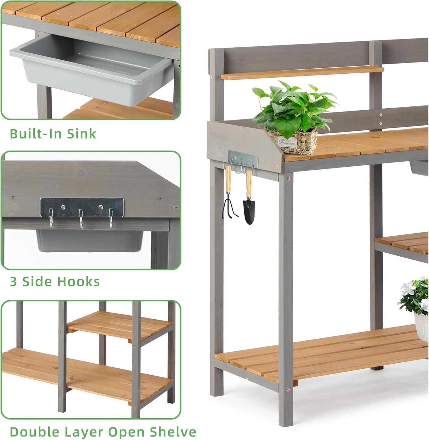 Wooden Potting Bench Table with Sink,Outdoor Garden Table Work Bench with Shelf, Workstation for Outside Lawn Patio