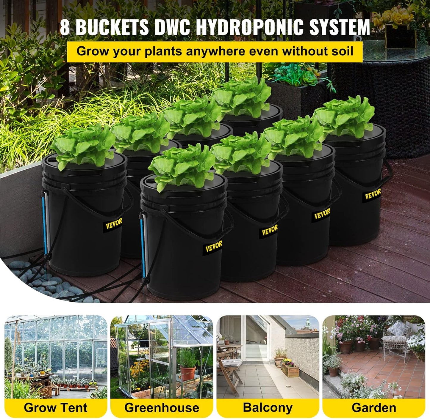 VEVOR DWC Hydroponic System, 5 Gallon 8 Buckets, Deep Water Culture Growing Bucket, Hydroponics Grow Kit with Pump, Air Stone and Water Level Device, for Indoor/Outdoor Leafy Vegetables