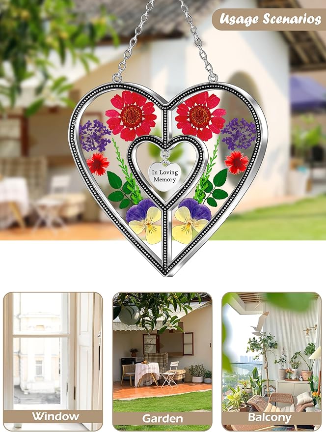 KY&BOSAM Heart Suncatcher In Loving Memory Memorial Gift for Loss of Loved One Unique Sympathy Gift Idea Real Flower Suncatcher Bereavement Grief Gift Box for Loss of Mom Friend Son Daughter Dog Decor