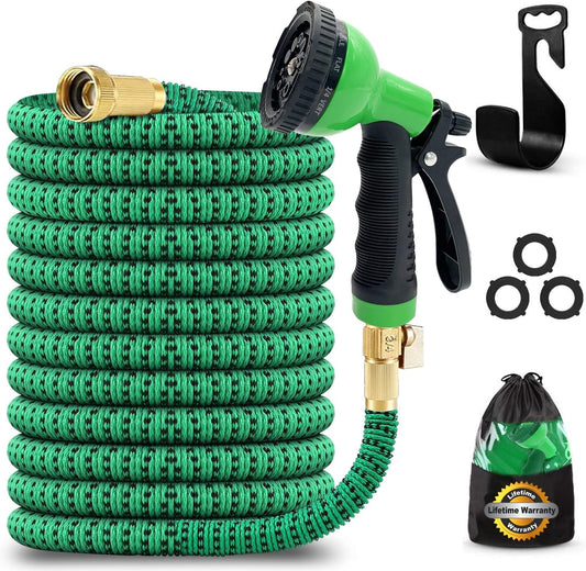J&B XpandaHose 100ft Expandable Garden Hose with Holder - Heavy Duty Superior Strength 3750D - 4 -Layer Latex Core - Extra Strong Brass Connectors and 10 Spray Nozzle w/Storage Bag (Green 100)