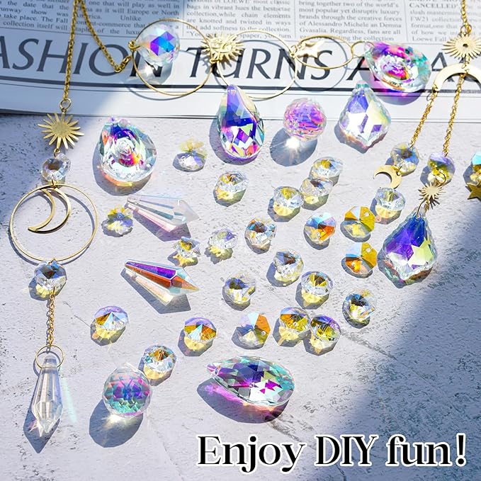H&D HYALINE & DORA 215pcs DIY Crystal Suncatcher Kits for Adults Art Crafts Set with Rainbow Maker Prisms Pendant Sun Catchers Hanging Decor for Window Garden Wedding, Gold