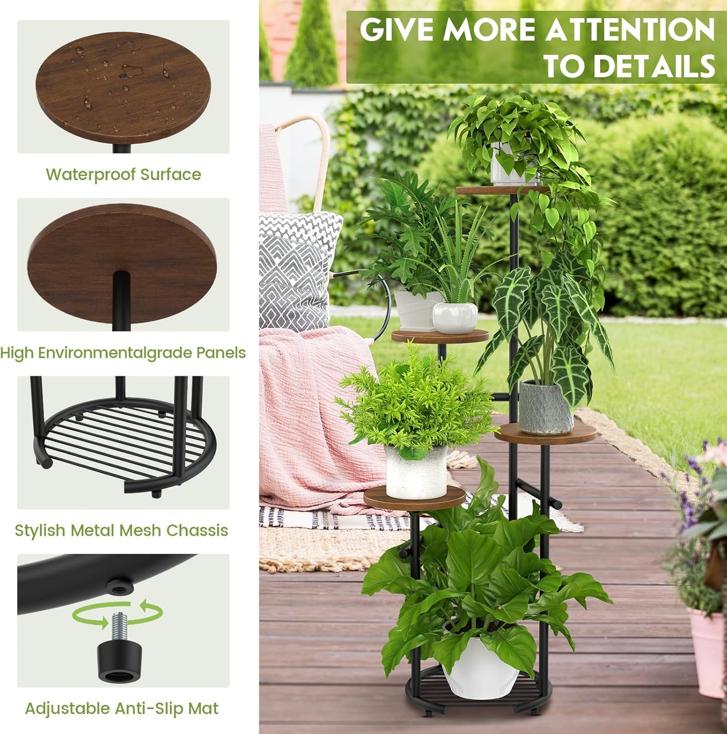 TOSKING 5 Tier Metal Plant Stand Indoor， Plant Shelf, Corner Shelf Flower Pot Stand for Outdoor Plant Stand for Living Room Balcony Garden Patio Bedroom (Black and Brown, 42in)