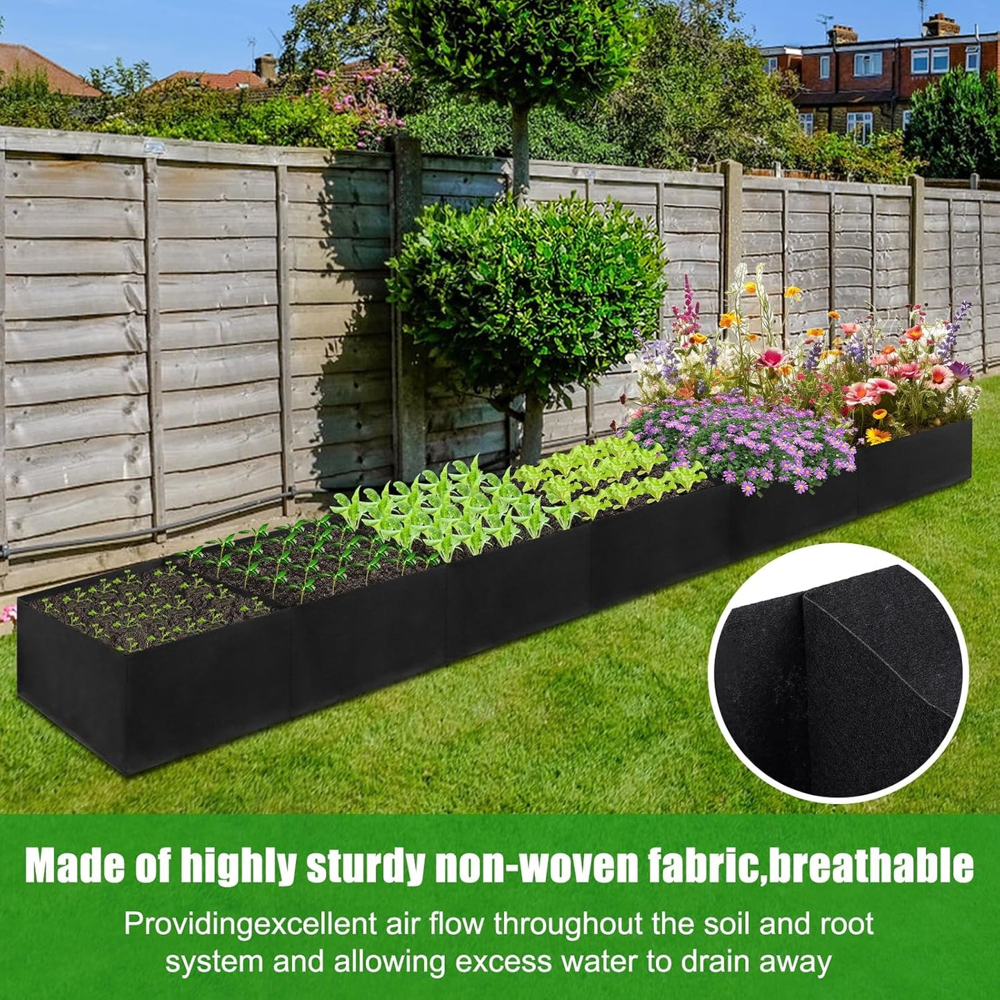 2Pack 12x2x1ft Fabric Raised Garden Bed - 6 Grids Plant Grow Bags, Outdoor Planter Box Non-Woven Fabric Patio Planting Bed Garden Grow Bed Bag for Growing Herbs, Flowers and Vegetables