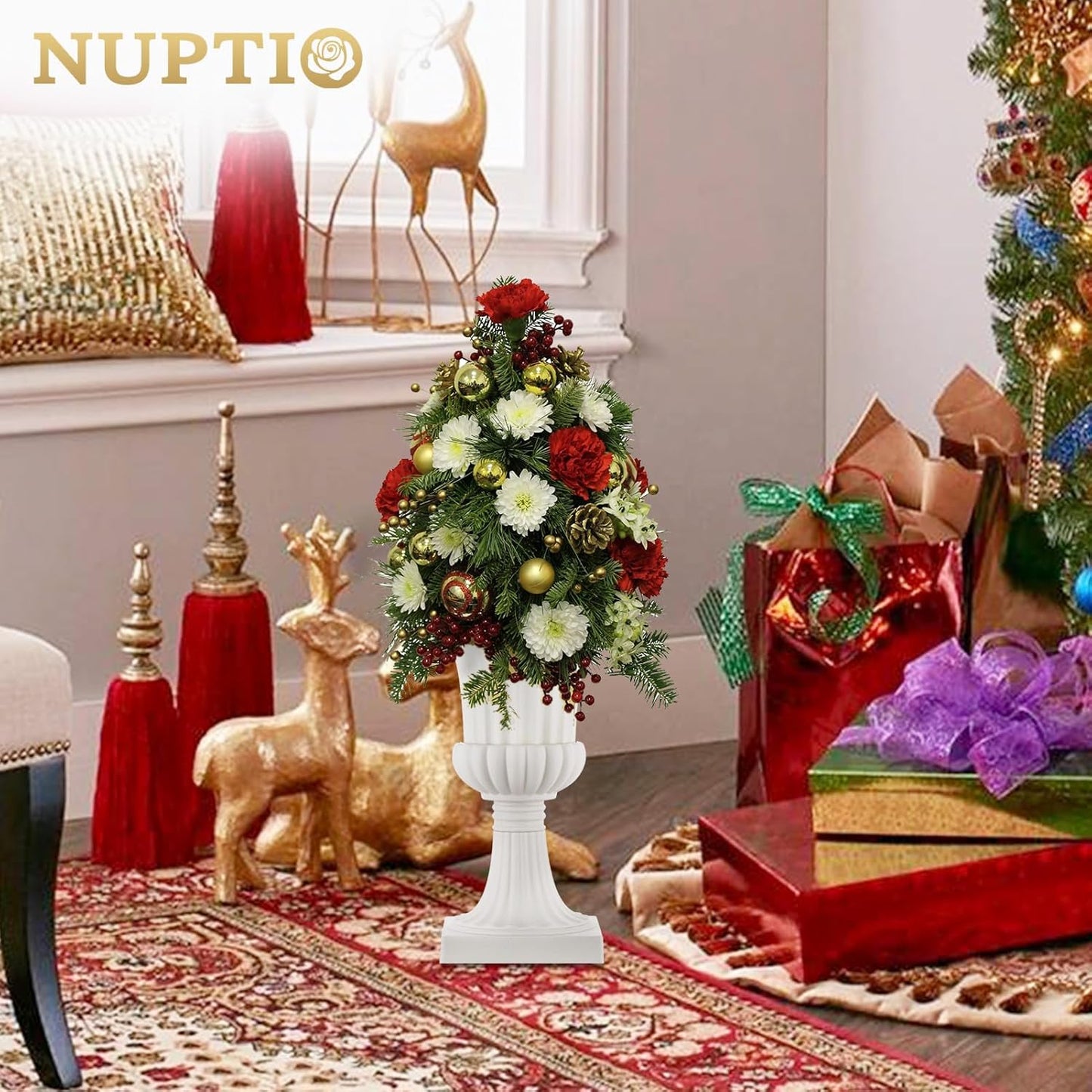 NUPTIO 2 Pcs Classic Urn Planter, 19.7 inch Tall Large Plastic Outdoor Urns Planters, Pedestal Flower vases Plant Pot, Resin Grecian Plants pots for Garden Porch Front Door, White