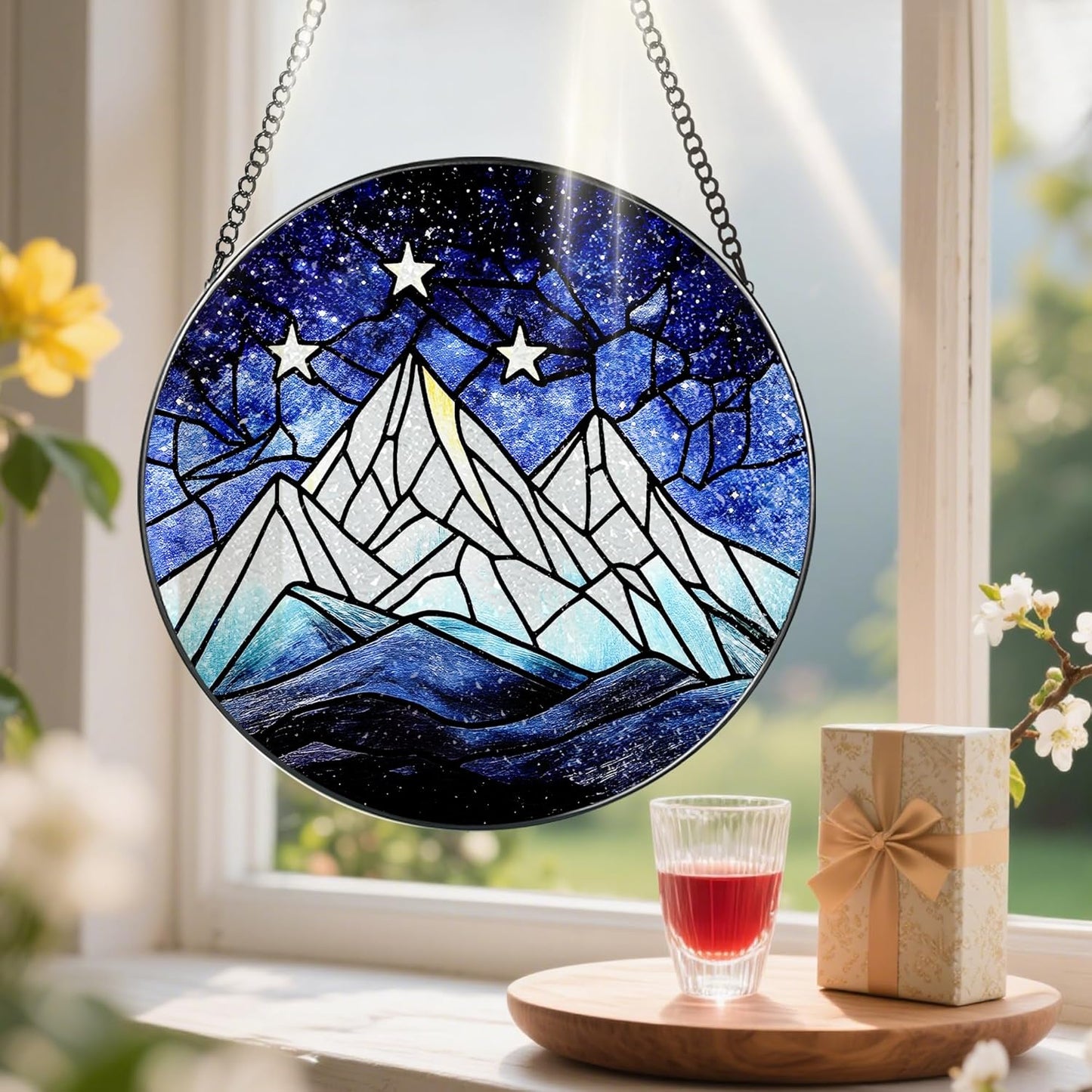 Stained Glass Window Hanging, Pauyadu 8 Inch Stained Glass Suncatcher Ornament, Night Court Window Decor, Suncatchers for Windows Hanging, Nature Lovers Gifts, Gifts for Friend, Lover