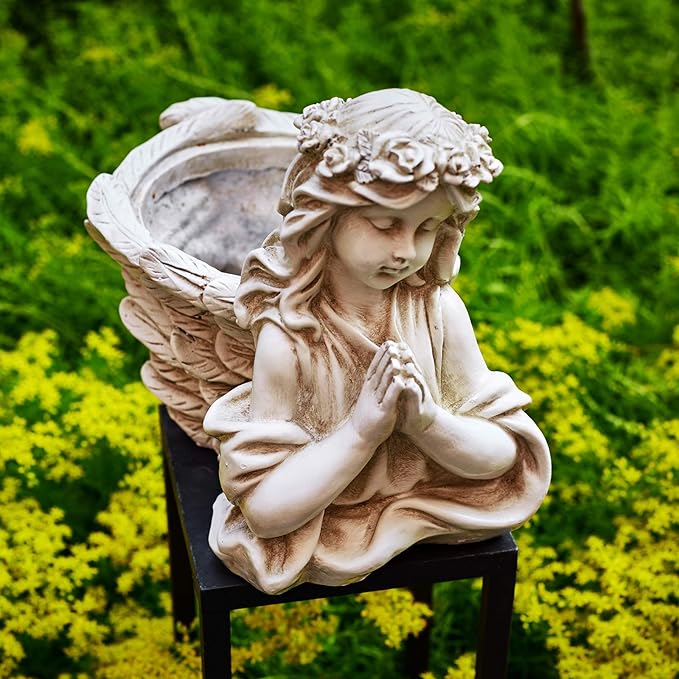 Praying Angel Bust Garden Statue Planters, Angel Wing Planters Pots Mini Vase for Patio, Lawn, Yard Art, Cemetery Grave Decoration, Resin Classical Antique, 8.26" H