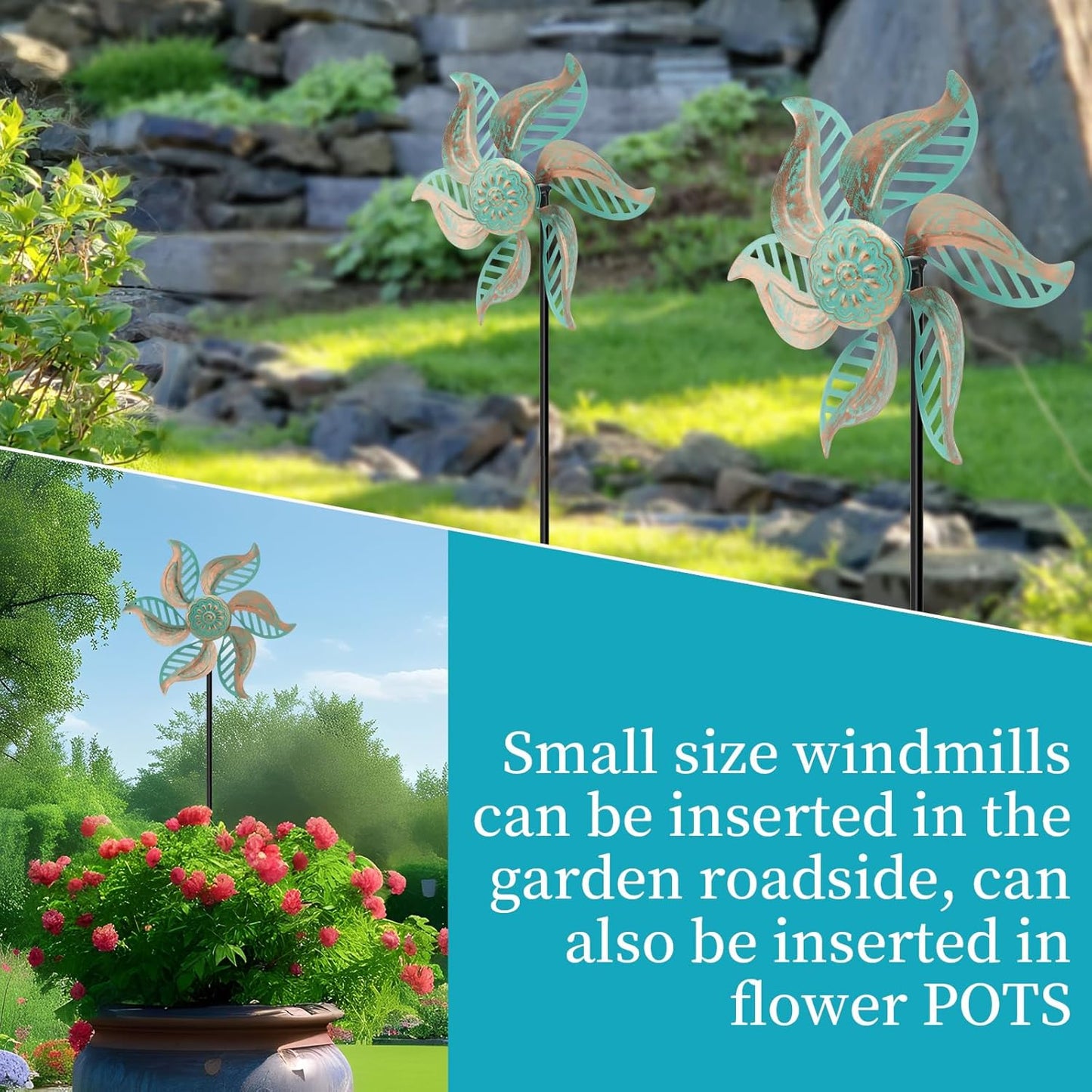 2 Pack Wind Spinner Outdoor Metal Vintage Green,Garden Pinwheels Waterproof Wind Sculptures, Small Windmills for Yard Lawn Outdoor Patio Lawn Garden Decor