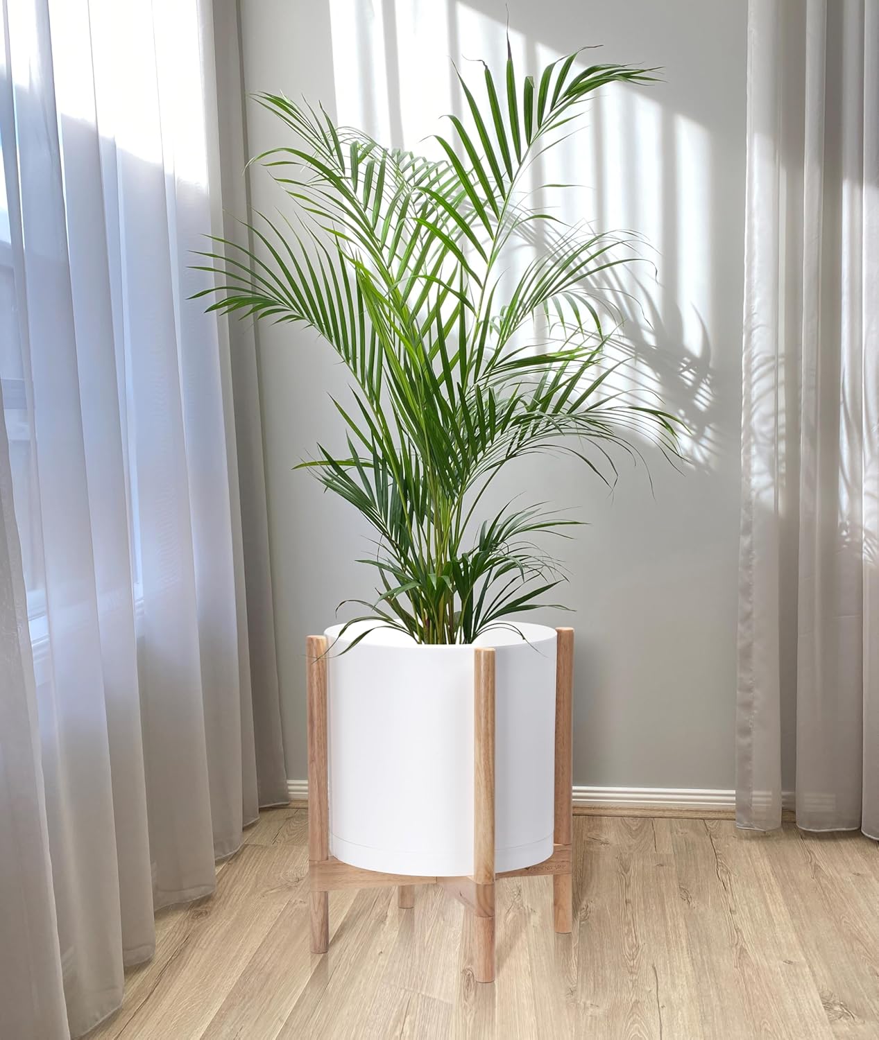 D'vine Dev Planter Pot with Stand - 14 Inch Plastic Cylinder Flower Pot with Wood Planter Holder for Indoor, Matte White Pot + Natural Stand, 55-C-S-1