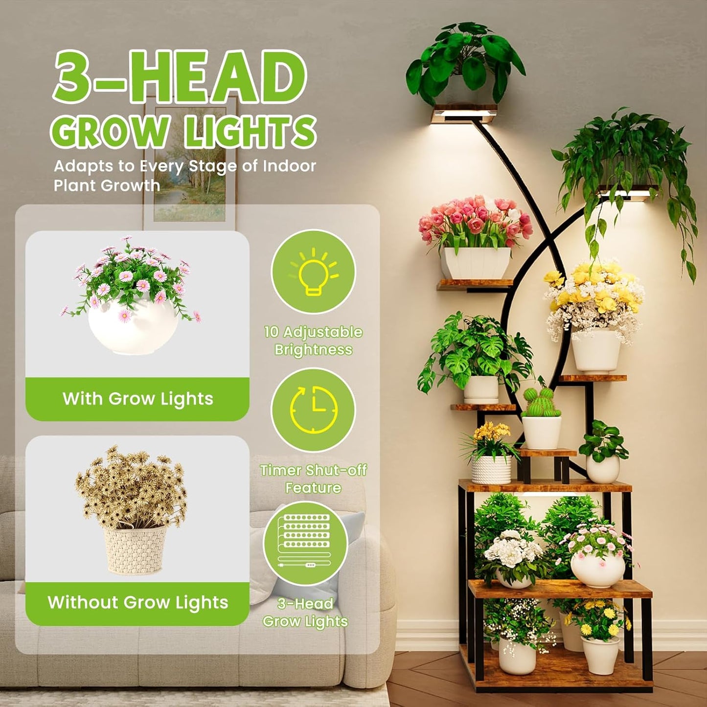 BTDVR X-Shaped Metal Plant Stand Indoor with Grow Lights, 9 Tiered Large Plant Shelf Display Rack Holder for Indoor Plants, Multi-Purpose 65" Tall Plant Stands for Home
