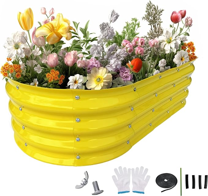 Raised Garden Bed 4x2x1ft Large Galvanized Raised Garden Beds Kit 1Pack Outdoor Yellow Planter Box with Rubber Stripe and Safety Gloves for Vegetables, Fruits, Flowers
