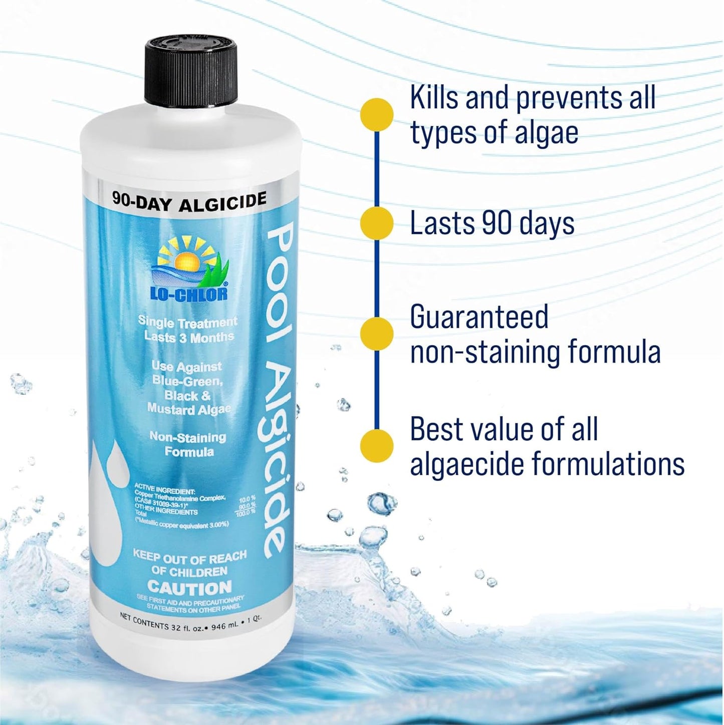 Pool Algaecide for Swimming Pools -Single Treatment Lasts 3 Months, Effective Algaecide for Pool with Unique Organo-Copper Complex - Black, Mustard, and Green Algae Killer for Pools (32 Oz)