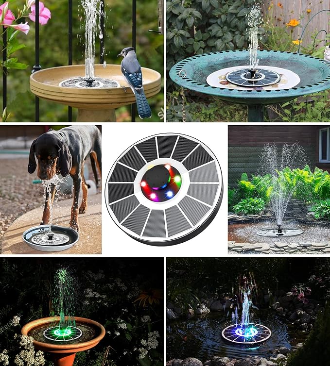 Solar Fountain Glass Panel with 2200 mah Battery, 3.5W Floating Solar Water Fountain with 4 Fixed Rods, Solar Fountain Pump for Bird Bath, Garden, Pond, Pool, Outdoor-Colorful Lights