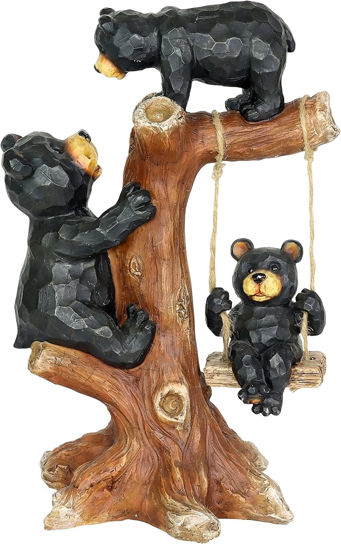 Exhart Garden Sculpture, Bear Family Tree Garden Statue with Real Swing, Outdoor Lawn and Yard Art Decoration, 9 x 6.5 x 14 Inch